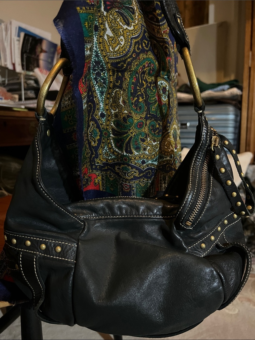 Kenneth Cole Black Studded Shoulder Hobo